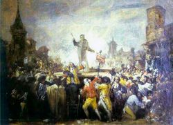 프란시스코 고야의 "에스킬라체 폭동(Esquilache Riots: Motin de Esquilache)". 곡물 무역 자유화로 곡물가가 급등하여 인민들의 폭동이 일어났다.