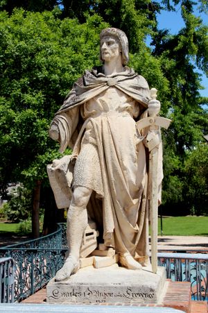 갑옷 위에 코트를 입고 칼을 든 중년 남성