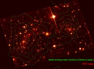 허블 우주 망원경에 의해 촬영된 사진 위에 표시된 질량 밀도 윤곽.