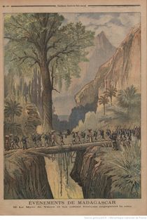 르 프티 저널에 실린 두 번째 마다가스카르 원정 삽화. "마다가스카르의 사건들. 르 미르 드 빌리에르 씨와 식민지 개척자들이 해안을 떠나고 있습니다."라는 설명이 붙어 있다.