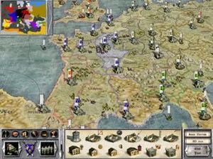 캠페인 모드의 전략 맵. 성, 첩보 요원, 군대가 그림으로 표시되어 있다.