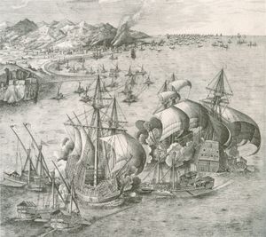 메리 로즈와 유사한 캐랙이 갤리선에 의해 공격받고 있다. 피터 브뤼겔 더 어더의 디자인을 바탕으로 프란스 호이스가 제작한 판화 (c.&nbsp;1561)