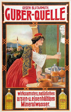 1918년 이전 마토니에 의해 판매된 스레브레니차의 구버-퀘렐레(Guber-Quelle) 미네랄 워터 광고