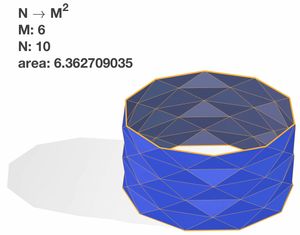 슈바르츠 램프. M 축 슬라이스와 N 방사형 꼭짓점. M과 N이 무한대로 갈 때 면적의 극한은 수렴하지 않는다. 특히 원통의 면적에 수렴하지 않는다.
