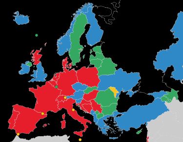 리그별 참가 지역을 색상으로 구분한 지도.