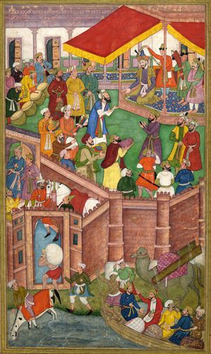 '라호르 시에 도착한 후마윤', "세 번째" 악바르나마 원고의 삽화, ca.1595–1600