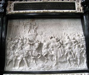 1493년 마르가레테의 아버지에게로의 귀환, 알렉산더 콜린의 대리석 부조, 알브레히트 뒤러의 개선문의 목판화를 바탕으로 제작, 막시밀리안의 인스브루크의 묘비에 있다.