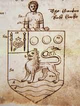 존 호킨스의 후기 문장, 두 개의 순례자 지팡이 사이에 노예가 된 사람과 가리비를 보여준다.