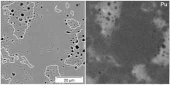 63 기가와트 일(열) 연소된 후 주사 전자 현미경으로 전자 마이크로프로브를 사용하여 조사한 사용된 MOX. 오른쪽의 밝은 픽셀은 해당 지점의 물질에 플루토늄 함량이 높음을 나타냄