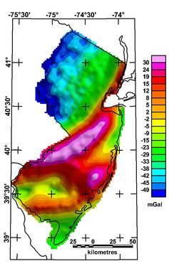 미국 뉴저지주의 부게 중력 이상 지도(USGS)