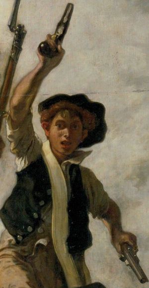 검은 조끼에 흰 셔츠, 검은 모자를 쓴 어린 소년이 오른손으로 권총을 높이 들고 왼손에 다른 권총을 늘어뜨리고 있다.