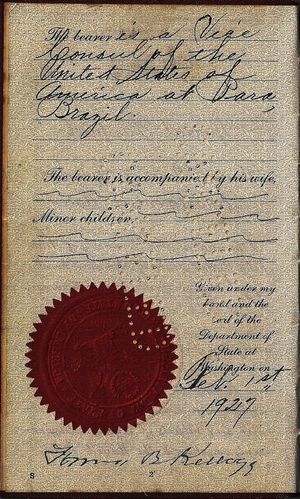 1927년 프랭크 B. 켈로그 국무장관의 서명이 담긴 여권