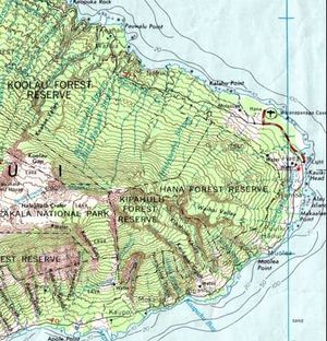 Haleakala(하와이)의 지형도 일부로, 고도를 표시하고 있다.