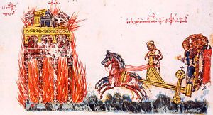 미하일 3세가 성 마마스 교회 앞에서 전차를 타고 있다.