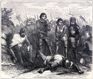 카스티야에서 잔혹왕 페드로의 전쟁. 1884년의 그림.영국인을 위한 세계의 삽화 역사.