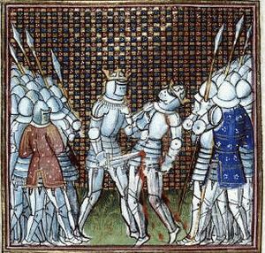 엔리케 2세가 프로와사르의 연대기의 초기 삽화에서 그의 전임자인 페테르를 죽이는 모습