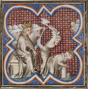 엔리케 2세의 명령에 의해 참수된 잔혹왕 페테르. 15세기 필사본