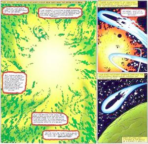 Comic-book page, with green and orange explosions