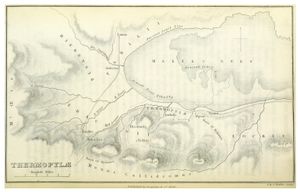 헤로도토스 시대의 해안선 지도와 지도 제작 당시(1876년). 테르모필레는 알페니와 안텔라 사이에 있다.