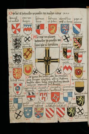 성 갈렌 문장집에 그려진 튜턴 기사단 총장의 문장. 1470년 하인리히 로이스 폰 플라우엔까지 29명 수록.