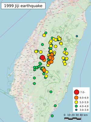 1999년 921 대지진의 규모 지도