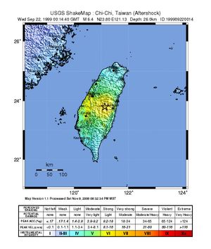 1999년 9월 22일 00시 14분(UTC) 규모 M6.8 여진의 진도 지도.