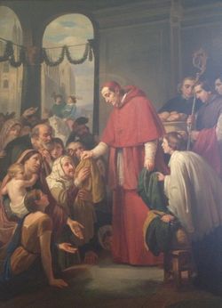 호세 살로메 피나의 1853년 그림 '가난한 사람들에게 자선을 베푸는 성 카를로스 보로메오' - 상카를루스 시는 1564년부터 1584년까지 밀라노 대주교를 지낸 추기경인 가톨릭 성인 카를로스 보로메오의 이름을 따서 지어졌다.