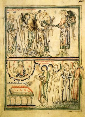 천사들이 일곱 나팔을 받다. 피어폰트 묵시록, 서기 1255년경