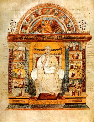 An illuminated manuscript illustration of a central seated figure holding an open book. He is flanked by two colonnades, which are filled with small scenes. Over the central figure is an arch which surmounts a winged bull.