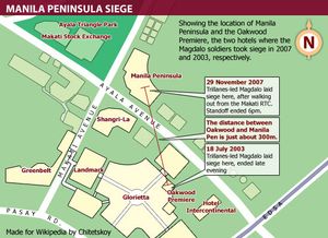 2003년 오크우드 반란과 2007년 마닐라 반도 포위에서 글로리아 마카파갈 아로요 행정부에 반대하는 군대가 마카티의 주요 건물을 점거했다.