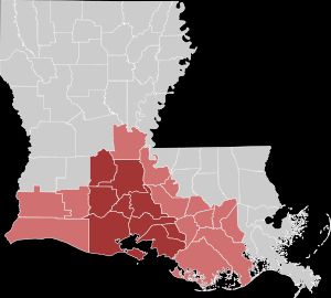 아카디아나 22개 교구: 루이지애나 케이준의 중심지는 짙은 빨간색으로 강조 표시됨