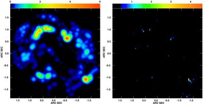 소스 IRC +10420의 이미지. 왼쪽에 있는 저해상도 이미지는 영국의 MERLIN 배열로 촬영되었으며 메이저 방출의 껍질을 보여준다. 이 껍질은 약 200배 태양계 직경의 팽창하는 가스 껍질에 의해 생성되었다. 가스 껍질은 약 900년 전 방출 중심에서 초거성(태양 질량의 10배)에서 방출되었다. 해당 EVN e-VLBI 이미지(오른쪽)는 VLBI 배열의 더 높은 해상도로 더 세밀하게 보이는 메이저의 훨씬 더 미세한 구조를 보여준다.