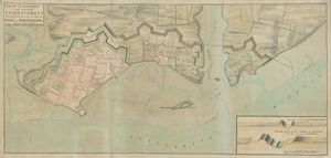 고스포트 지도(1757)는 도시 주변의 요새(왼쪽)와 미래의 로열 클래런스 야드(Royal Clarence Yard)(중앙) 및 프레디스 하드(Priddy's Hard)(오른쪽) 부지를 덮도록 제안된 확장을 보여준다.