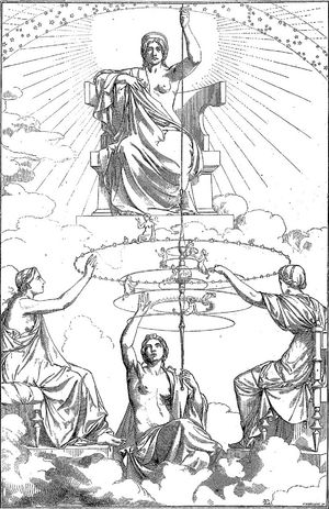 필연성의 의인화인 아난케가 운명의 여신인 모이라 위에 있다.