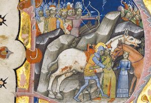 1068년 케를레시 전투 이후, 성 라슬로가 소녀를 납치한 쿠만 전사와 결투를 벌이고 있다(그림 연대기, 1358)