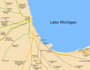 유니언 역은 시카고행 모든 암트랙 열차(주황색)와 여러 메트라 노선(녹색)의 종착역 역할을 한다. 가는 검은 선은 과거 암트랙 노선을 나타낸다.