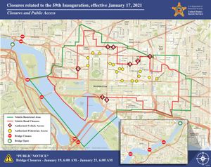 취임식 날 내셔널 몰, 사우스웨스트 D.C., 캐피톨 힐, 워싱턴 D.C. 다운타운을 중심으로 보안과 관련된 현장 제한