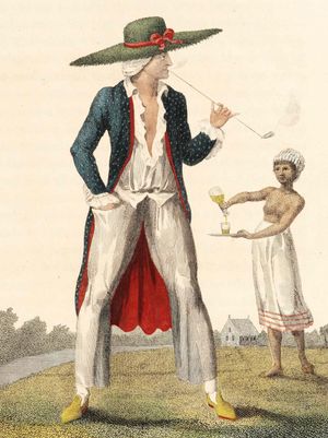 윌리엄 블레이크의 작품에 대한 삽화로, 1792~1794년에 처음 출판된 존 가브리엘 스테드먼의 작품 속 네덜란드 플랜테이션 소유주와 노예 그림