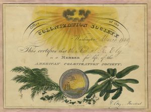 1840년 3월, 새뮤얼 로즈 일리 목사의 회원 증서. 하단에는 협회 회장 헨리 클레이의 서명이 보인다.