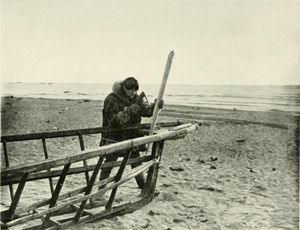 원주민 알래스카 보트 제작자가 자귀를 사용