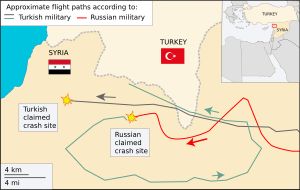 터키군과 러시아군의 추정에 따른 대략적인 비행 경로