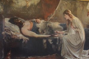 시드니 파제트의 그림 란칠로토와 엘레나는 아스톨라트의 엘레인을 묘사한다