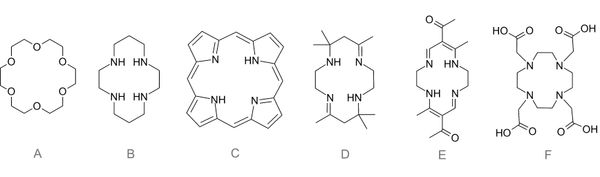 무기 및 초분자 화학에서 관심 있는 킬레이트화 매크로사이클 구조의 예시. A, 크라운 에테르, 18-크라운-6; B, 단순한 테트라-아자 킬레이터, 시클람; C, 포르피린의 예, 비치환 포르핀; D, 혼합된 아민/이민, 커티스 매크로사이클; E, 관련 에나민/이민 예거 매크로사이클, 그리고 F, 테트라카르복실레이트 유도체 DOTA 매크로사이클.