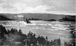 하살로가 캐스케이드 급류를 통과하고 있다. (1888년 5월 26일) 이 급류는 현재 본네빌 댐 아래에 잠겨 있다.