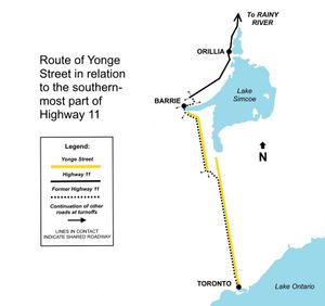 11번 고속도로와 비교한 영 스트리트의 경로