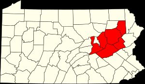 몰리 맥과이어스(Molly Maguires)가 활동했던 미국 북동부 펜실베이니아의 탄광 지역 카운티 위치