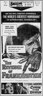 드라이브 인 극장 광고, 1958년 프랑켄슈타인의 복수와 함께 상영된 악마의 저주.