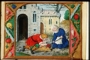 중세의 농업력에 묘사된 돼지를 도축하는 농부 부부