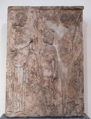 트립톨레모스가 데메테르로부터 밀 이삭을 받고 페르세포네로부터 축복을 받는 모습, 대 엘레우시스 부조, 기원전 5세기 부조, 아테네 국립 고고학 박물관