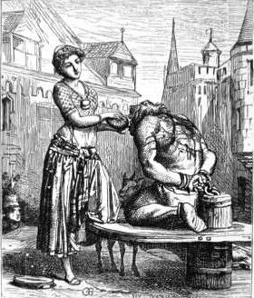 귀스타브 브리옹의 삽화 중 하나인 "한 방울의 물을 위한 눈물". 에스메랄다가 콰지모도에게 물을 주고 있다.